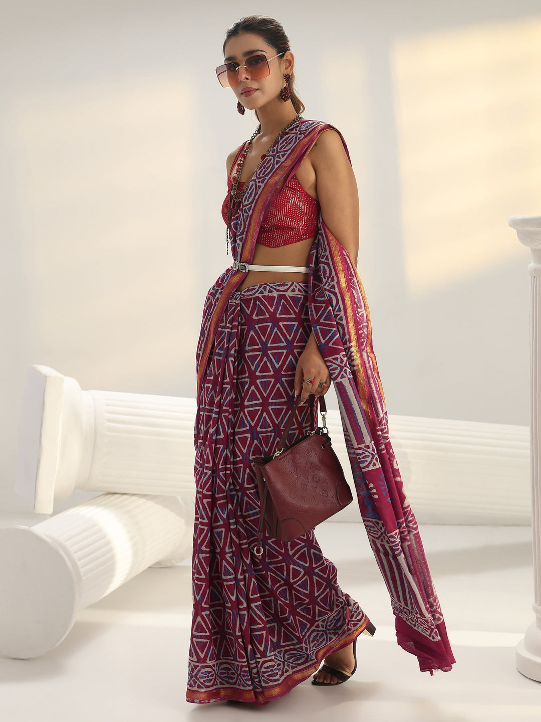 Pink Geometric Printed Cotton Saree