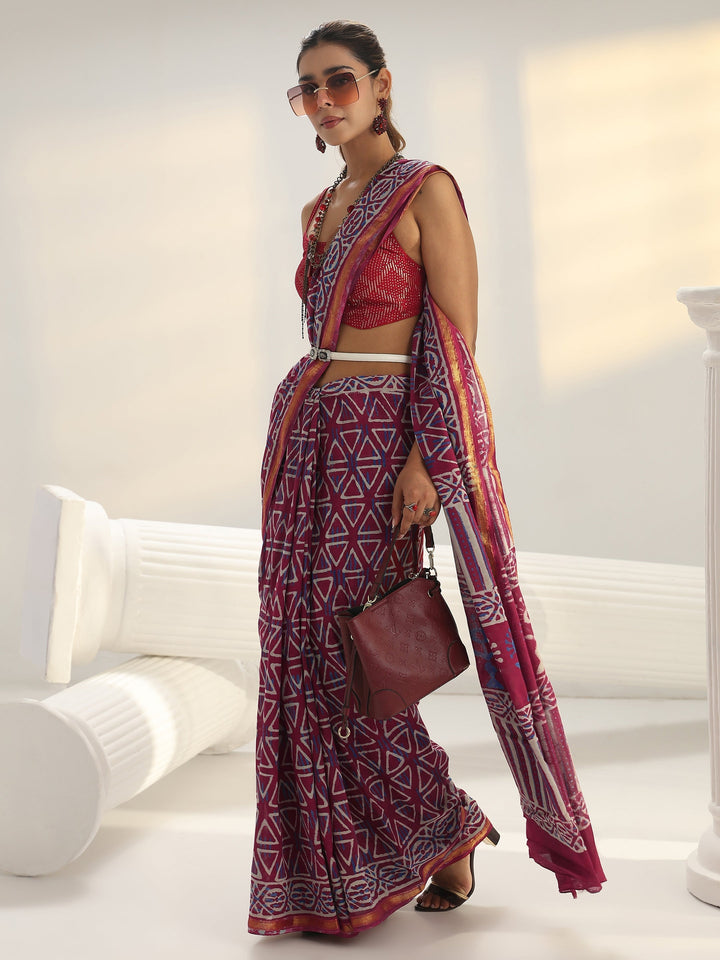 Pink Geometric Printed Cotton Saree