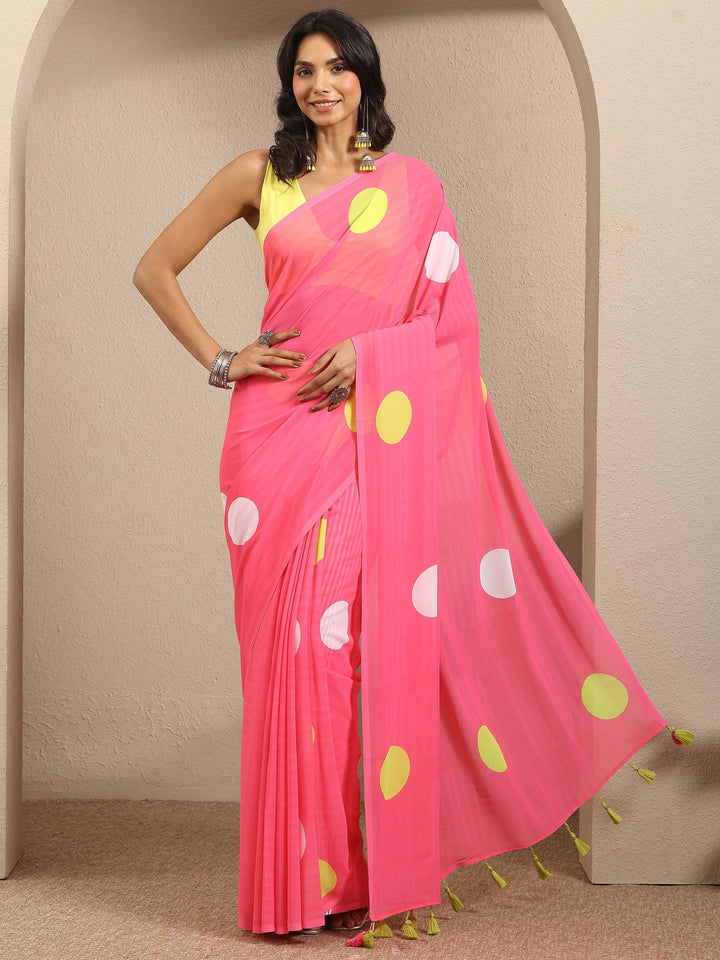 Pink Geometric Printed Georgette Saree With Unstitched Blouse Piece