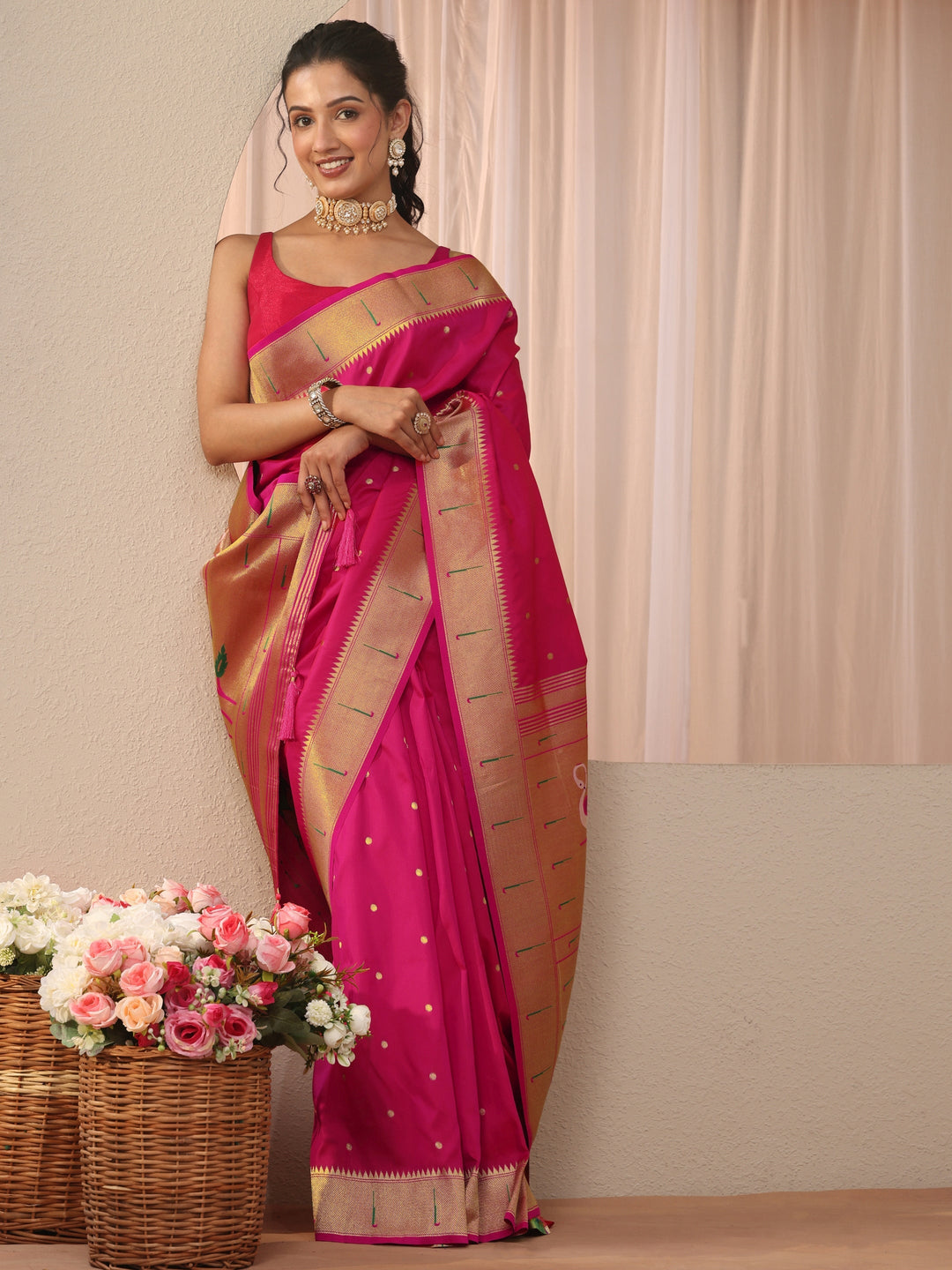 Libas Pink Silk Blend Paithani Saree