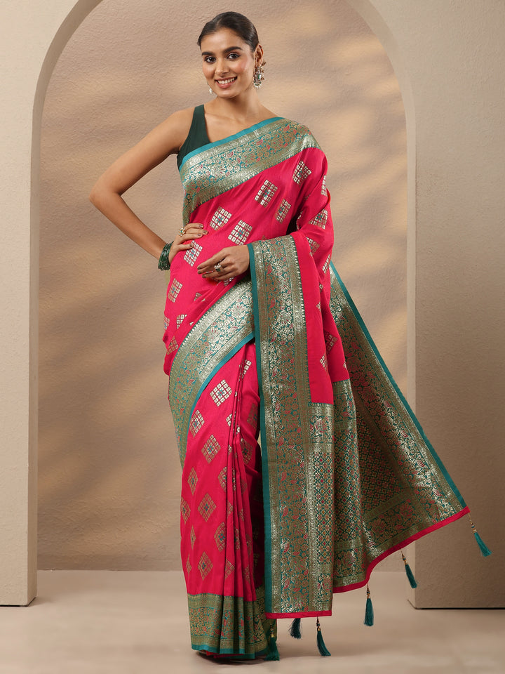Pink Geometric Woven Design Silk Blend Saree With Unstitched Blouse Piece