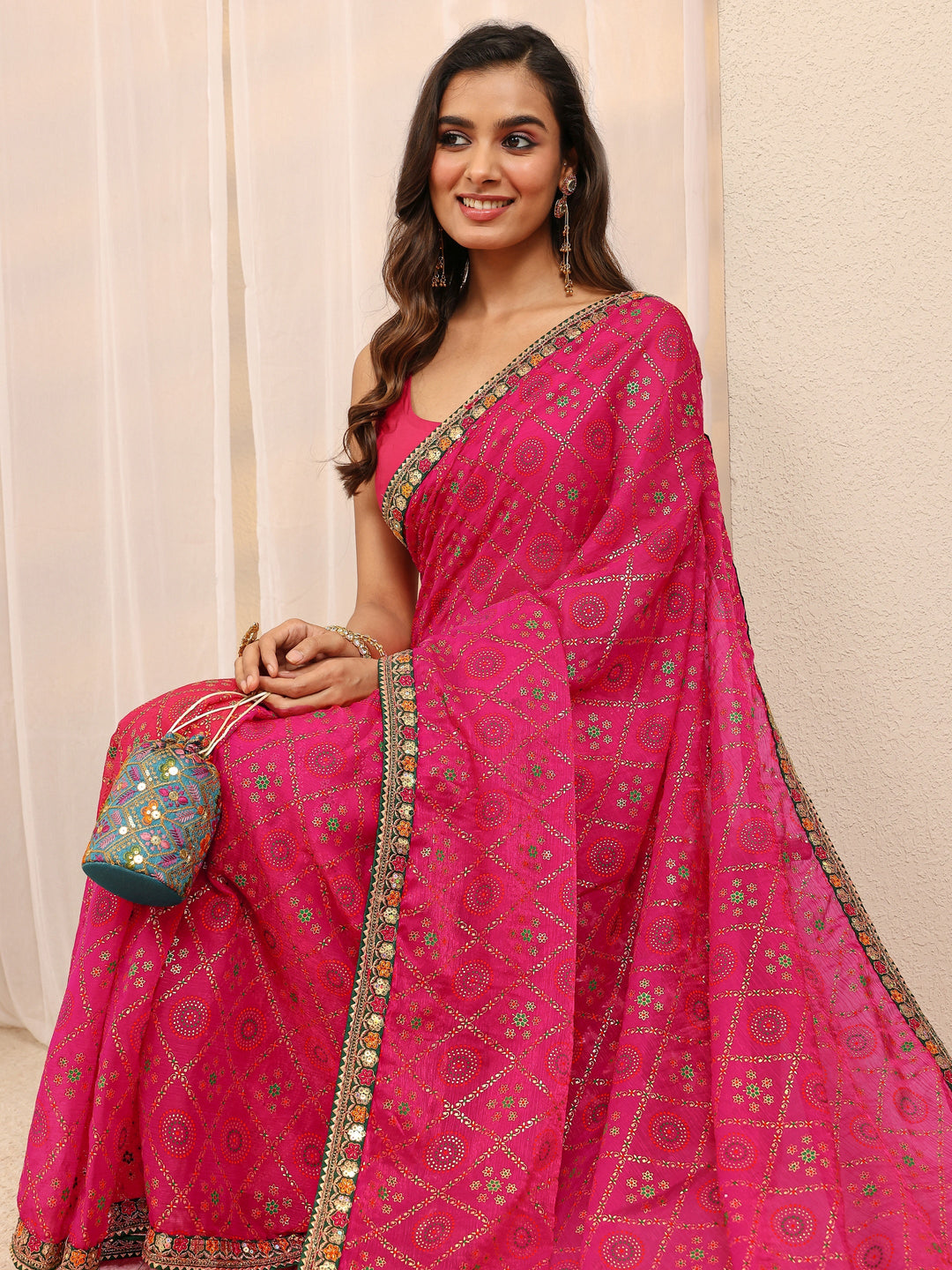 Pink Gharchola Silk Blend Saree 
With Unstitched Blouse Piece