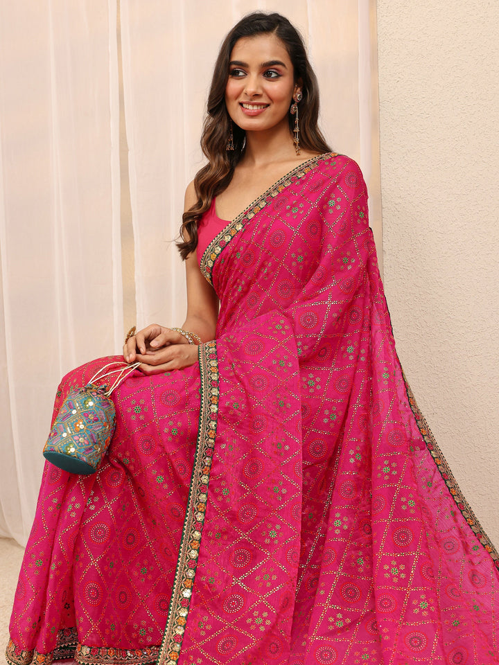 Pink Gharchola Silk Blend Saree 
With Unstitched Blouse Piece