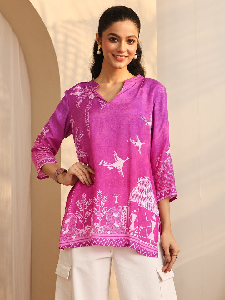 Pink Humanoid Printed Muslin Straight Short Kurti