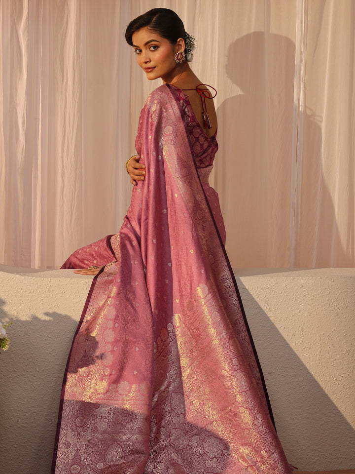 Pink Kanjeevaram Silk Blend Saree