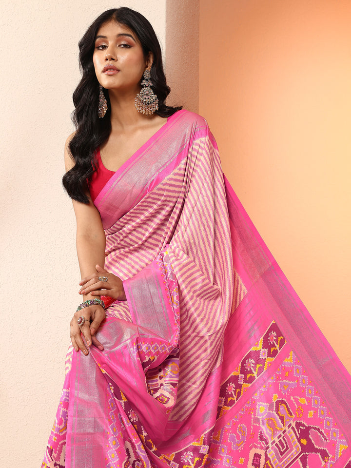 Pink Leheriya Printed Silk Blend Saree With Unstitched Blouse Piece