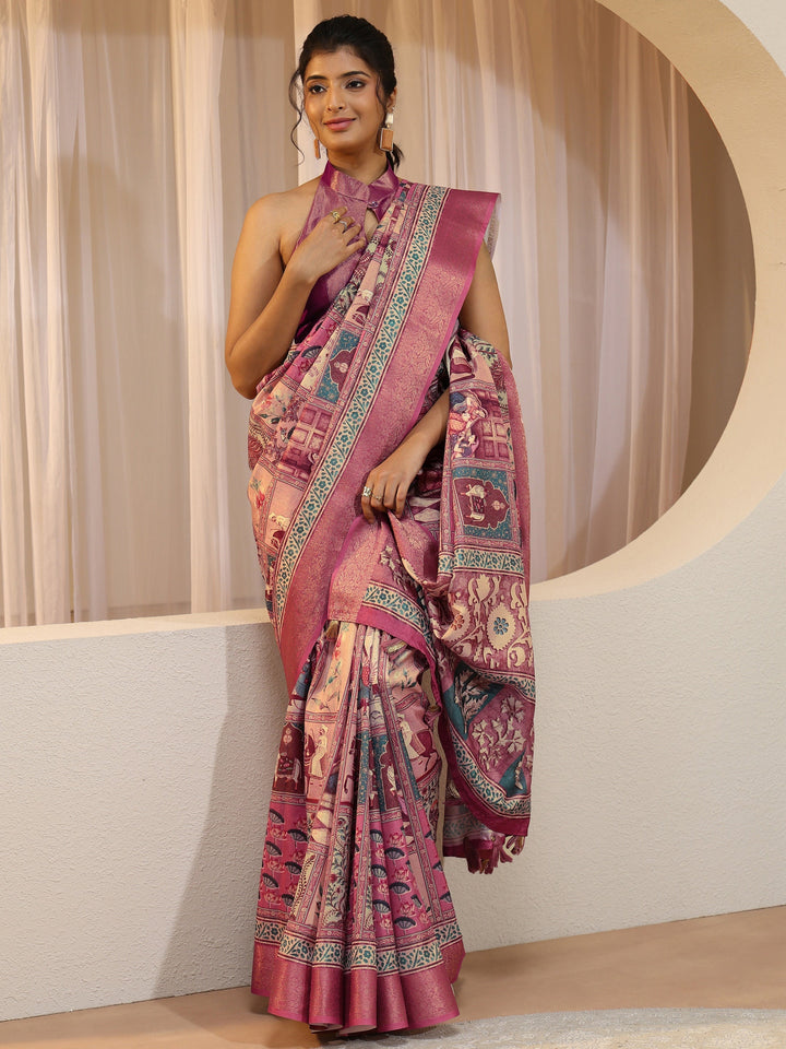 Pink Mughal Print Silk Blend Saree