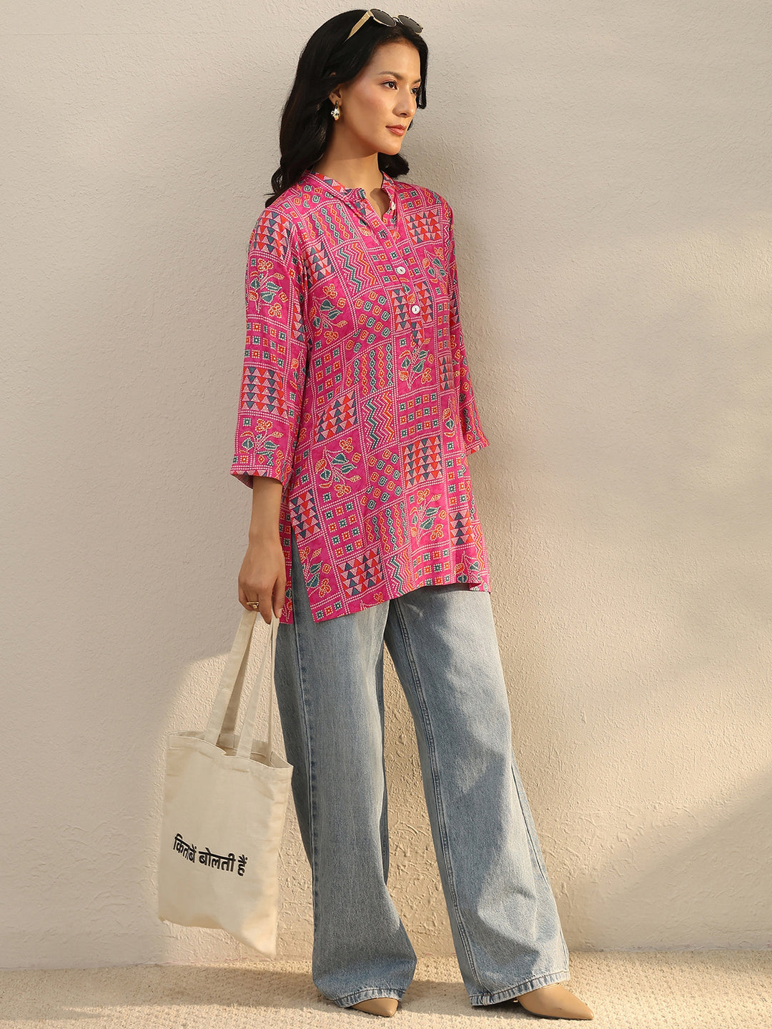 Pink Multi Printed Rayon Straight Tunic