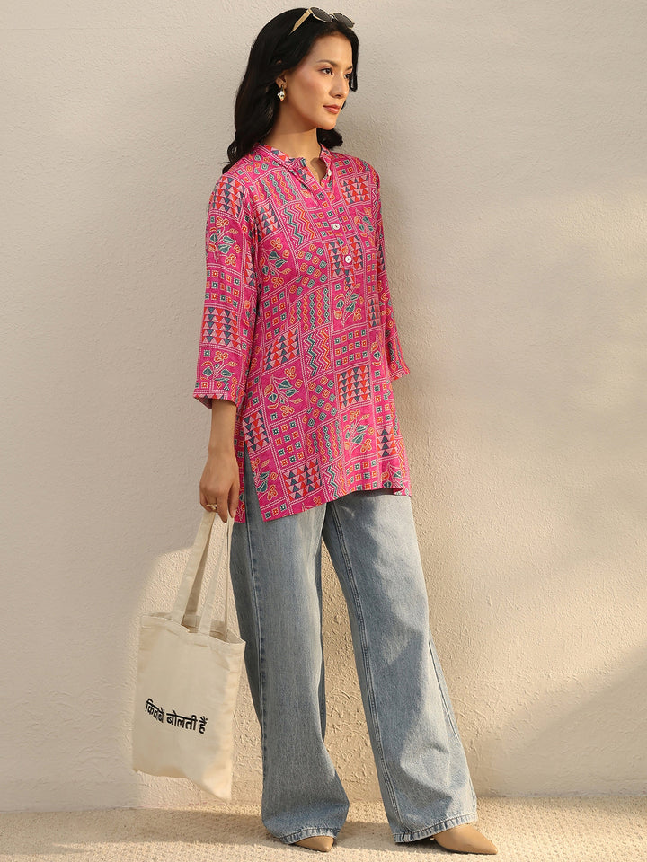 Pink Multi Printed Rayon Straight Tunic