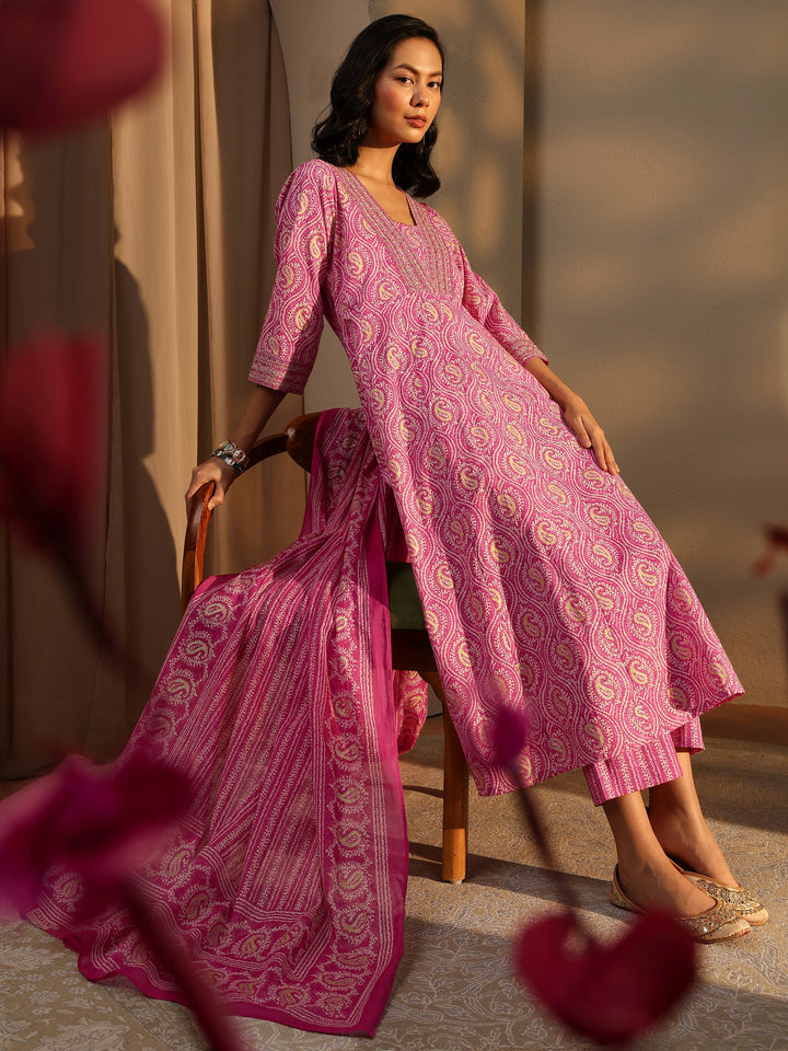 Pink Paisley Printed Cotton A-Line Suit Set With Dupatta