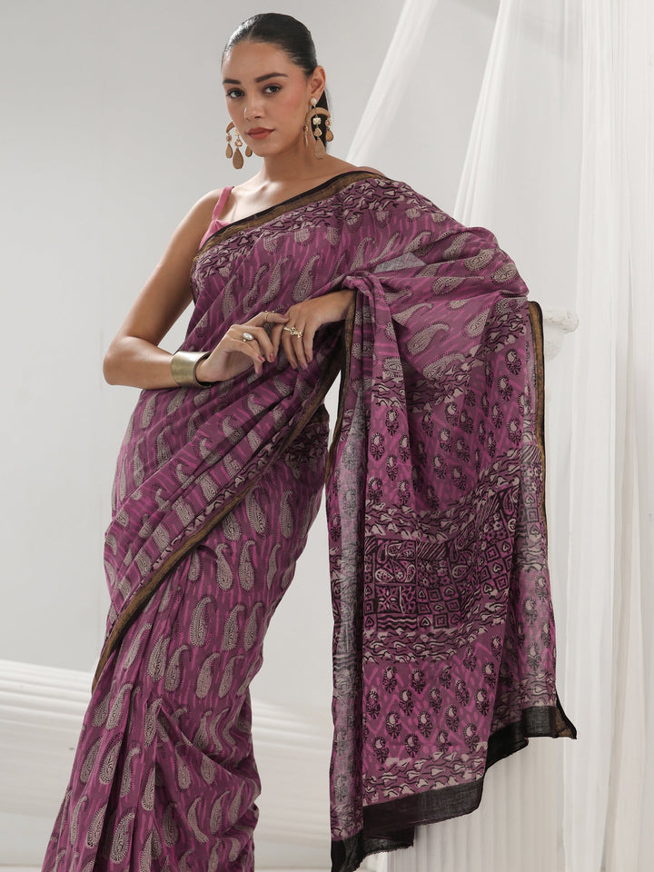Pink Paisley Printed Cotton Saree