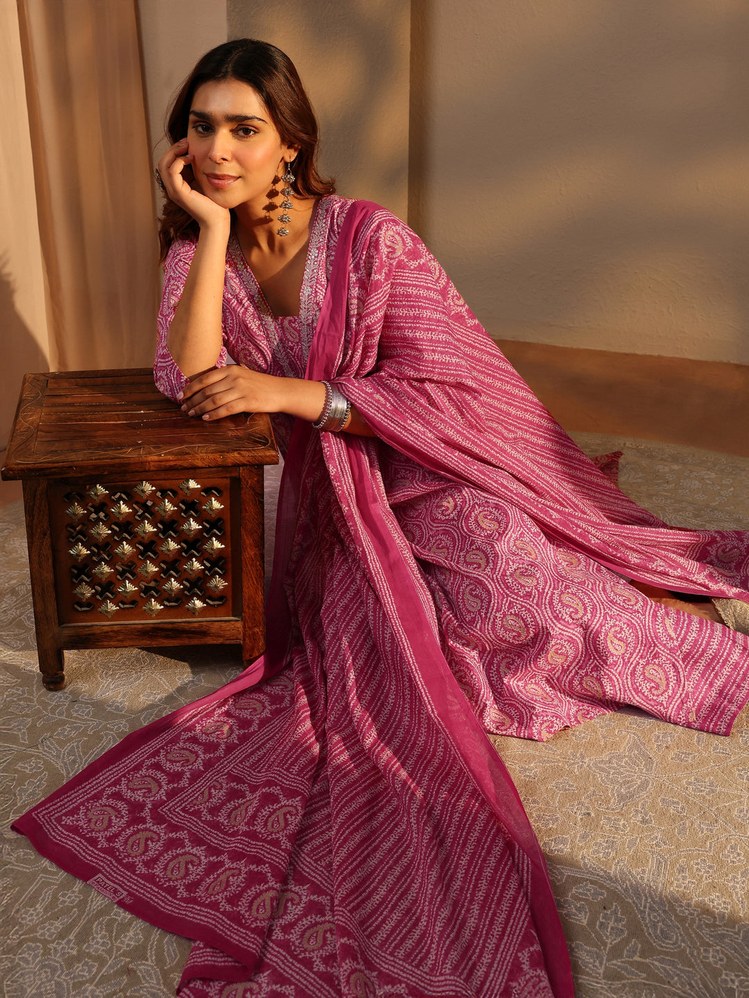 Pink Paisley Printed Cotton Straight Suit Set With Dupatta