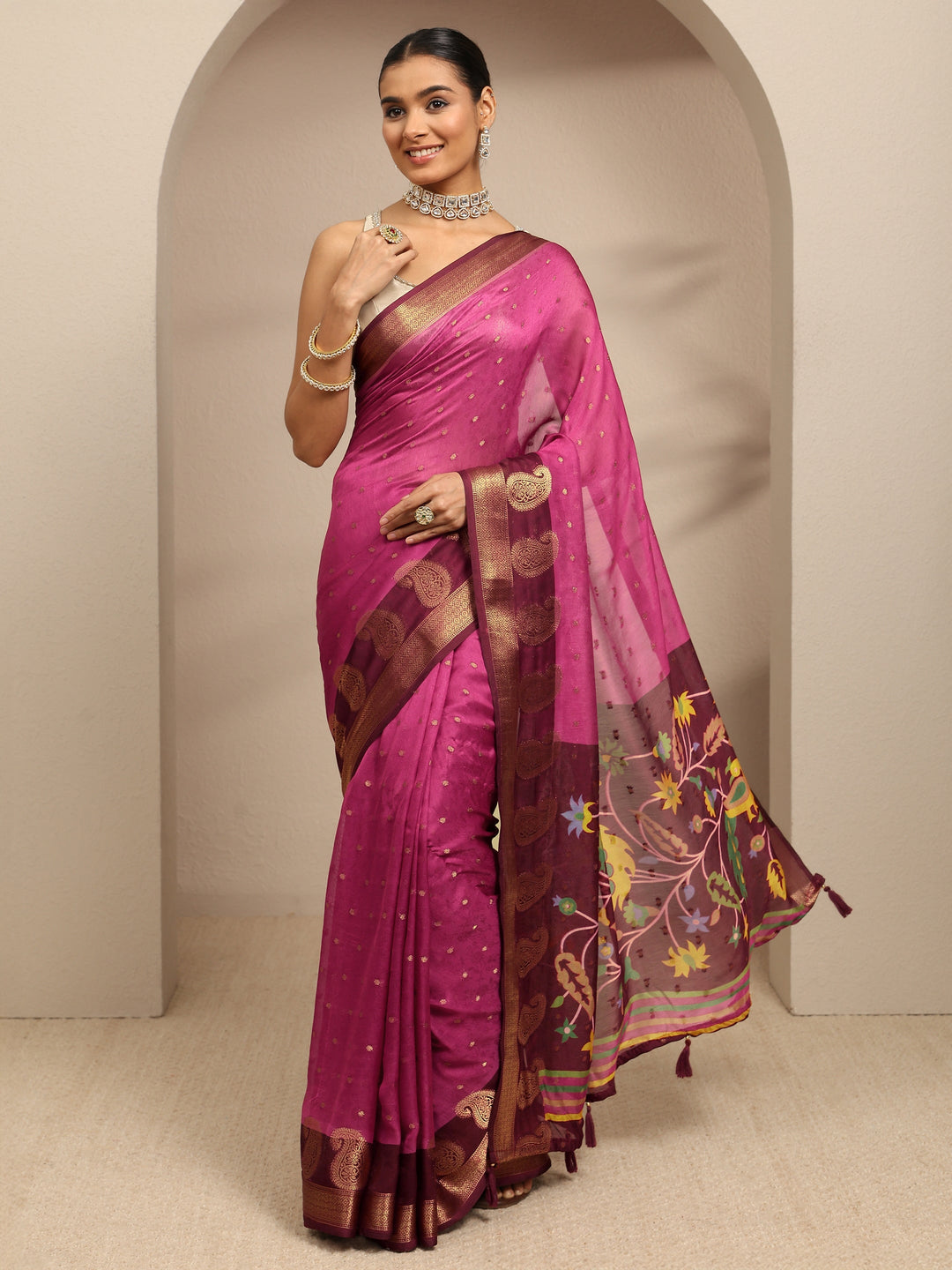 Pink Paisley Woven Design Silk Blend Saree With Unstitched Blouse Piece