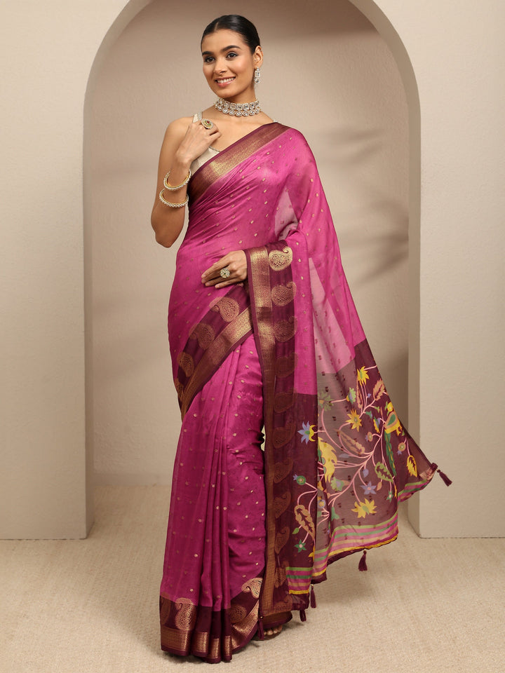 Pink Paisley Woven Design Silk Blend Saree With Unstitched Blouse Piece