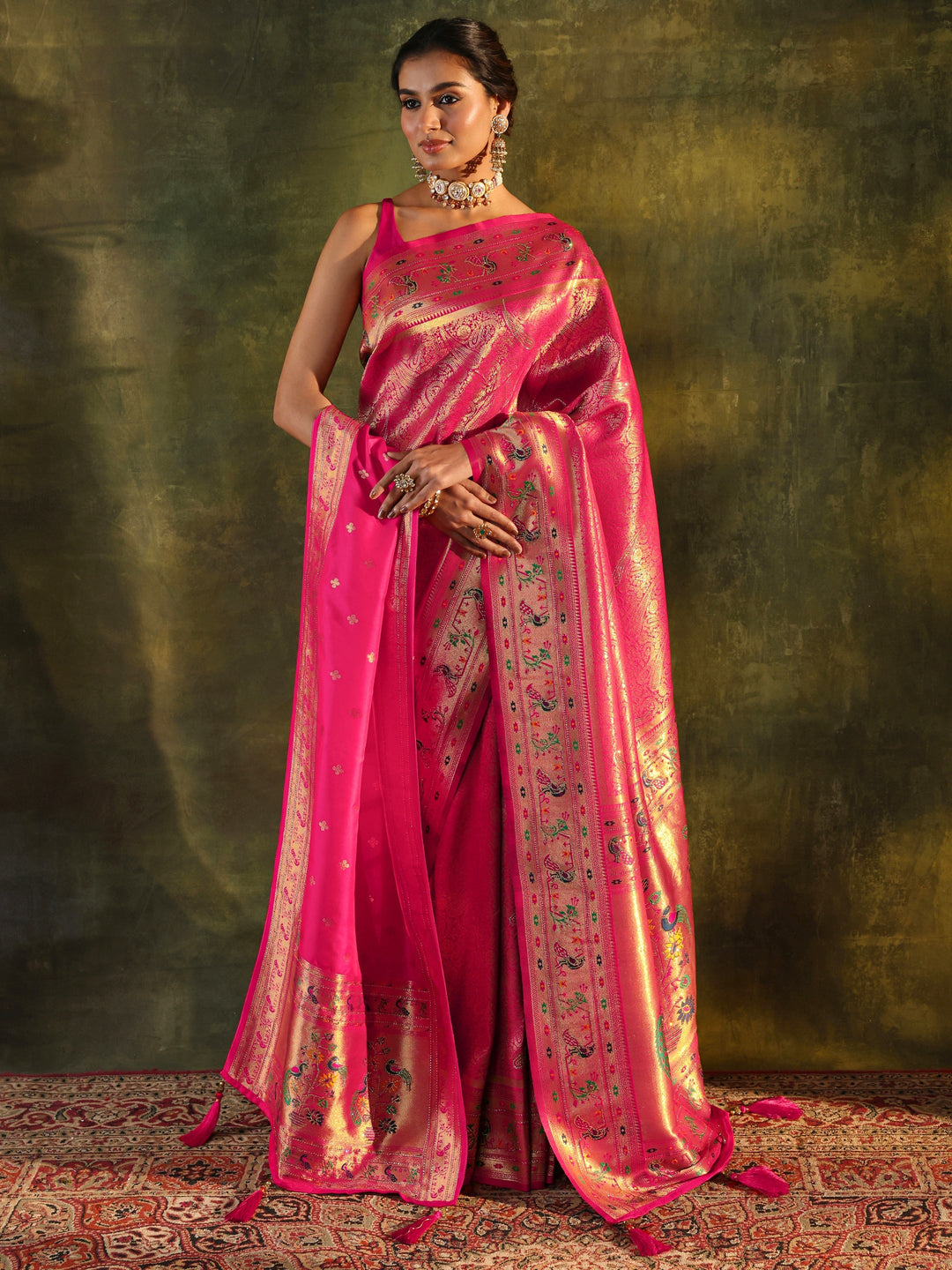 Pink Paithani Silk Saree With Unstitched Blouse And Dupatta