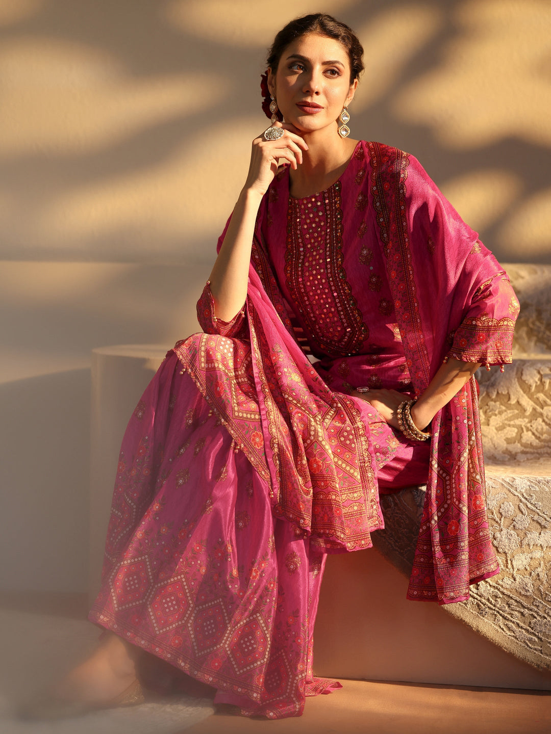 Pink Printed Chinon Sharara Suit Set With Dupatta
