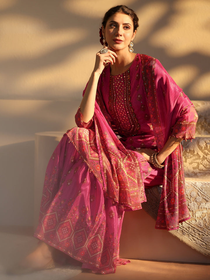 Pink Printed Chinon Sharara Suit Set With Dupatta