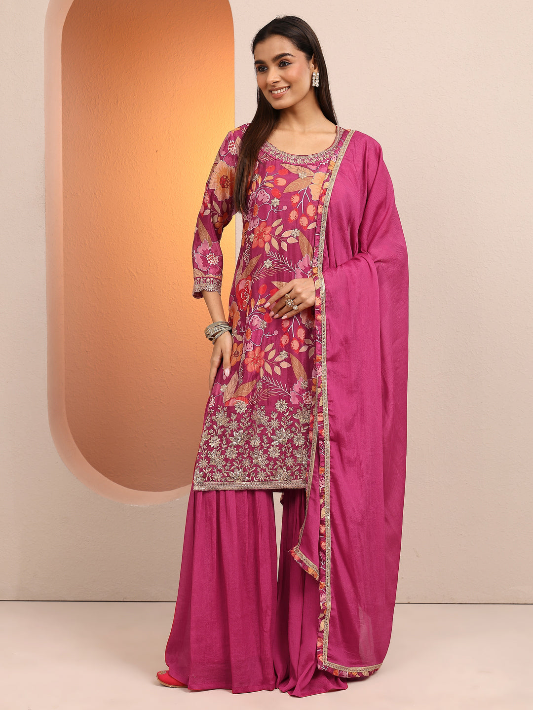 Pink Printed Chinon Straight Suit Set With Dupatta