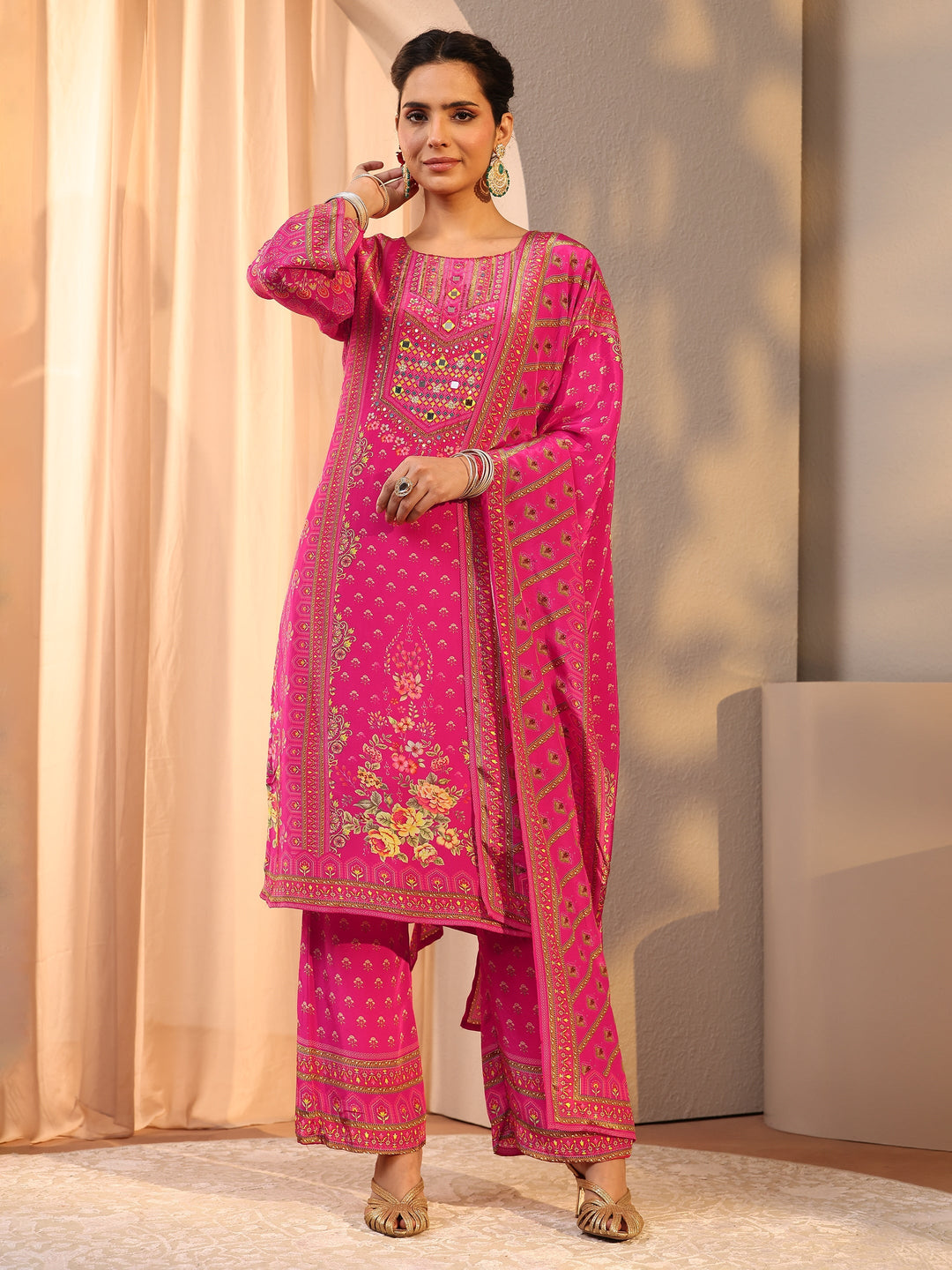 Pink Printed Chinon Straight Suit Set With Dupatta