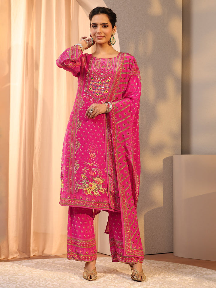 Pink Printed Chinon Straight Suit Set With Dupatta