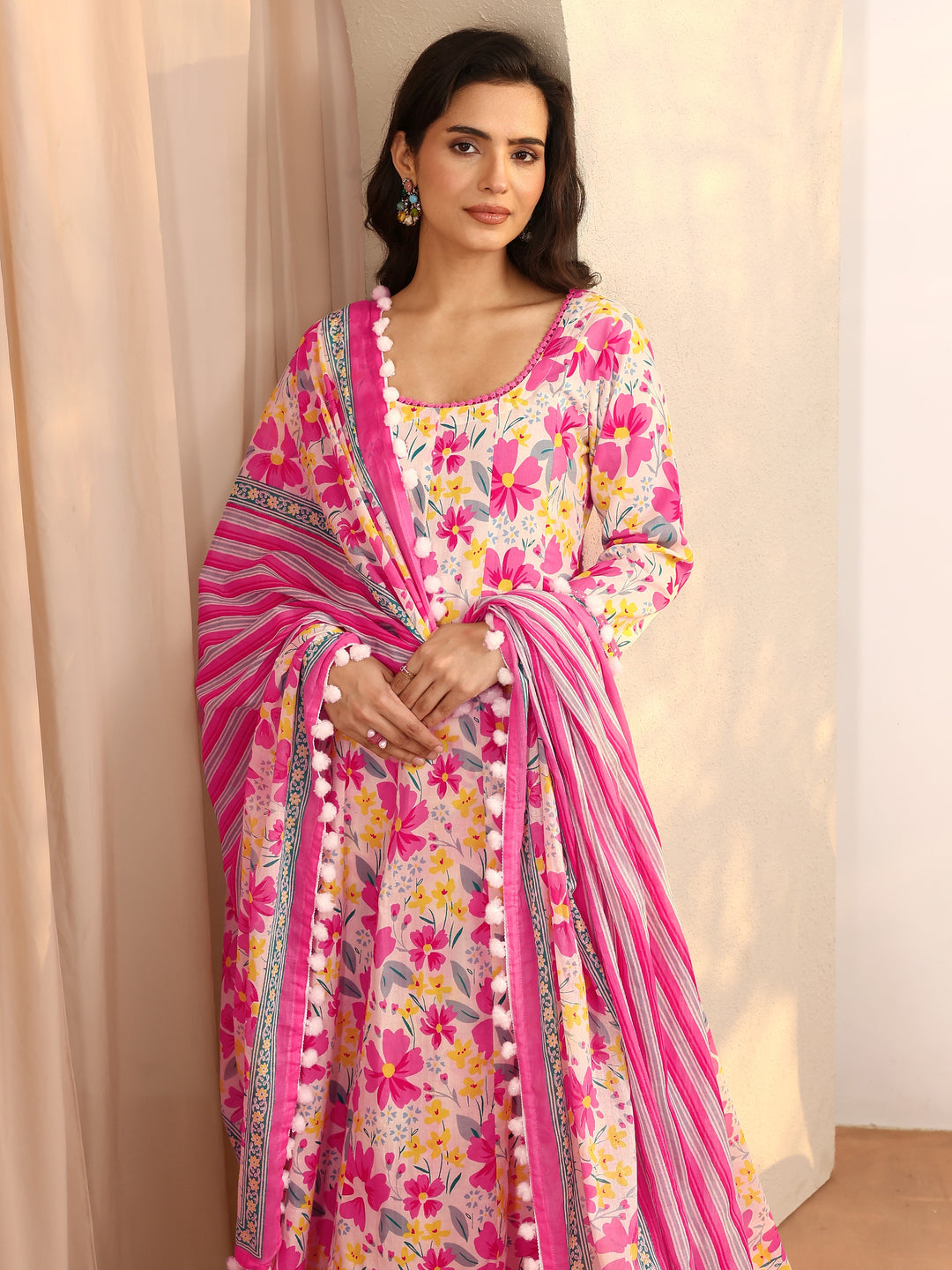 Pink Printed Cotton A-Line Suit Set With Dupatta