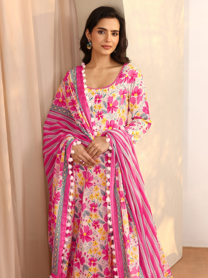 Pink Printed Cotton A-Line Suit Set With Dupatta