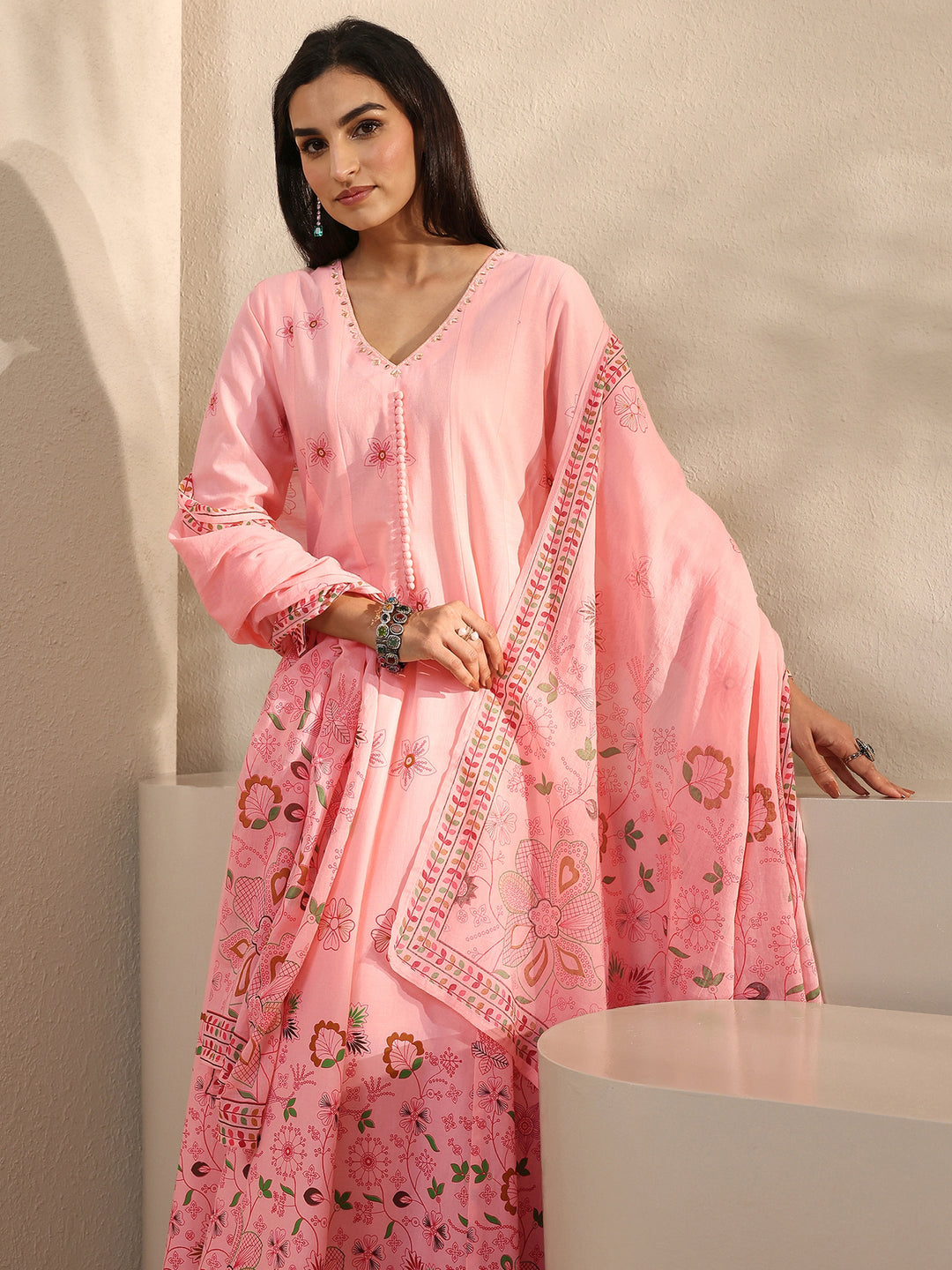 Pink Printed Cotton Anarkali Suit Set With Dupatta