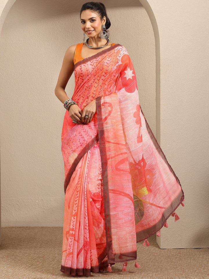Pink Printed Cotton Blend Saree With Unstitched Blouse Piece