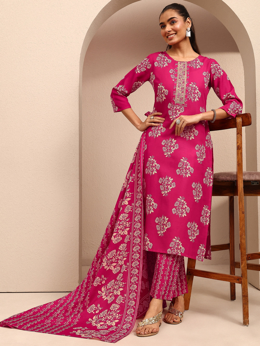 Pink Printed Cotton Blend Straight Suit Set With Dupatta