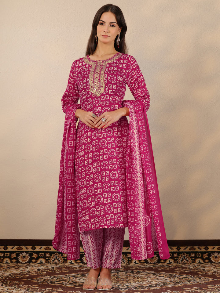 Pink Printed Cotton Blend Straight Suit Set With Dupatta