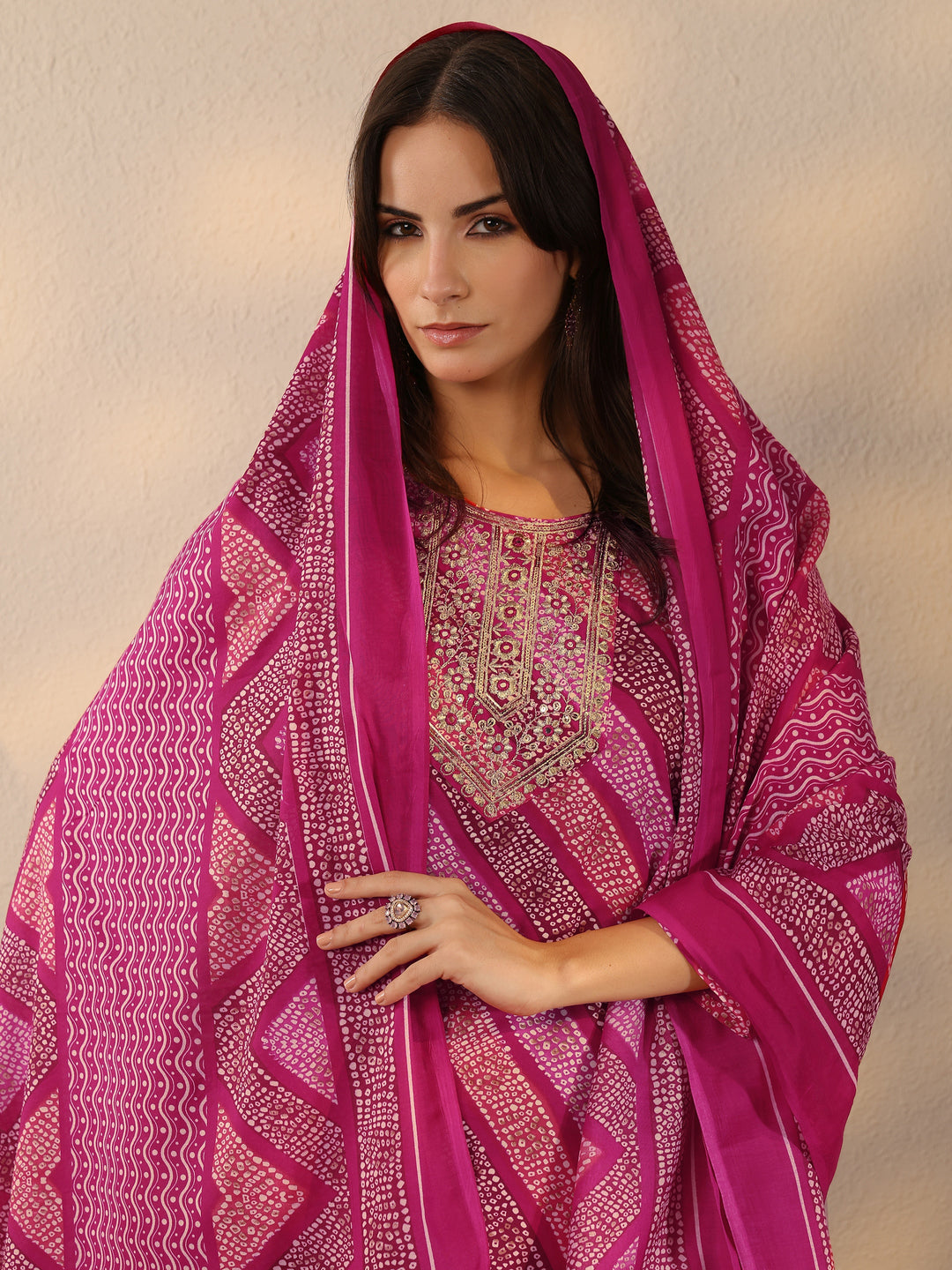 Pink Printed Cotton Blend Straight Suit Set With Dupatta