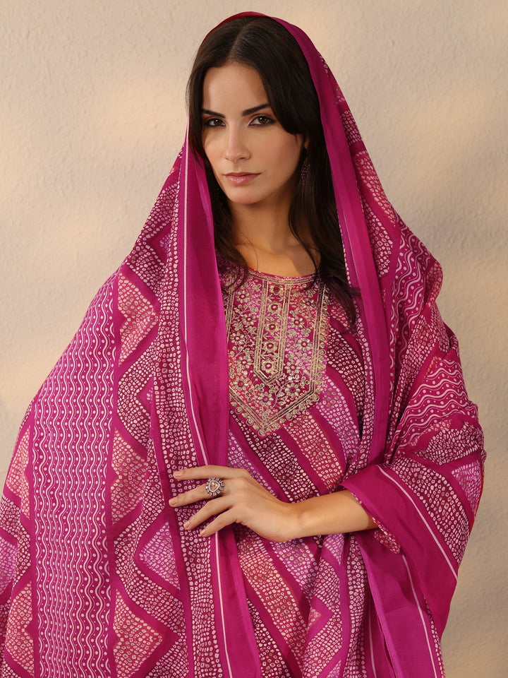 Pink Printed Cotton Blend Straight Suit Set With Dupatta
