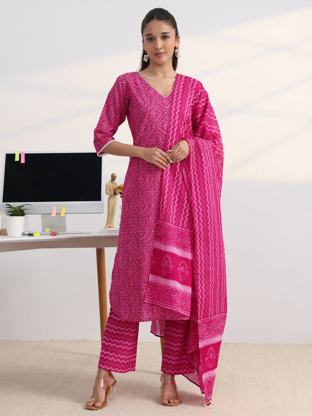 Pink Printed Cotton Blend Straight Suit Set With Dupatta