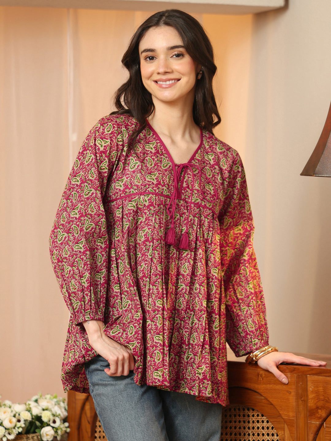 Pink Printed Cotton Empire Top
