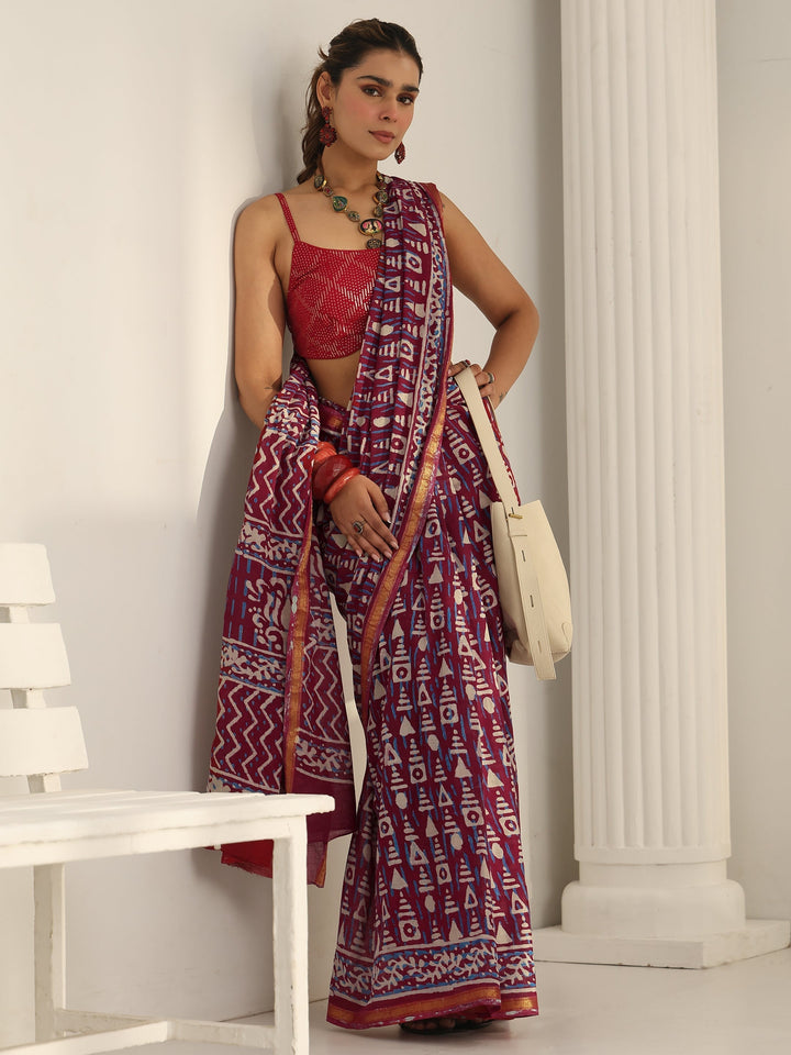 Raspberry Pink Geometric Printed Cotton Saree