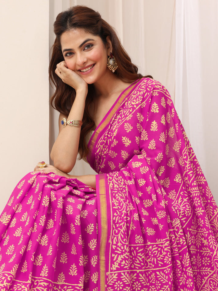 Pink Printed Cotton Saree With Unstitched Blouse