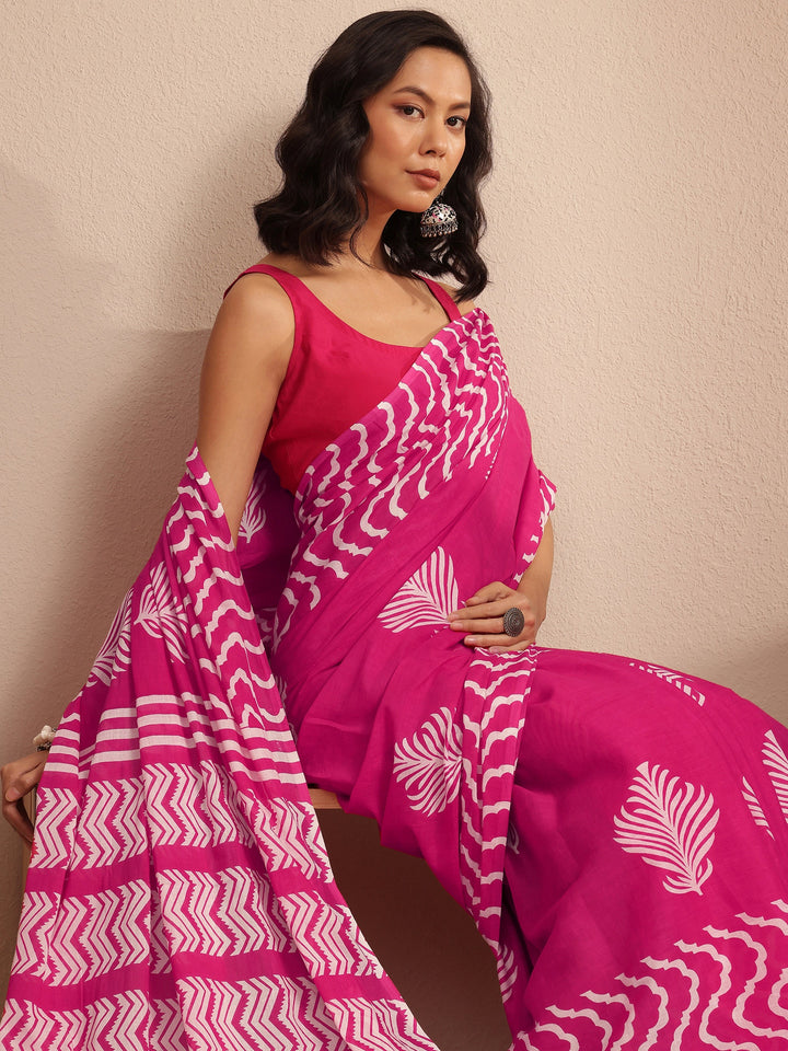 Pink Printed Cotton Saree With Unstitched Blouse Piece