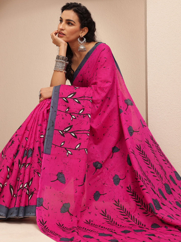Pink Printed Cotton Saree With Unstitched Blouse Piece