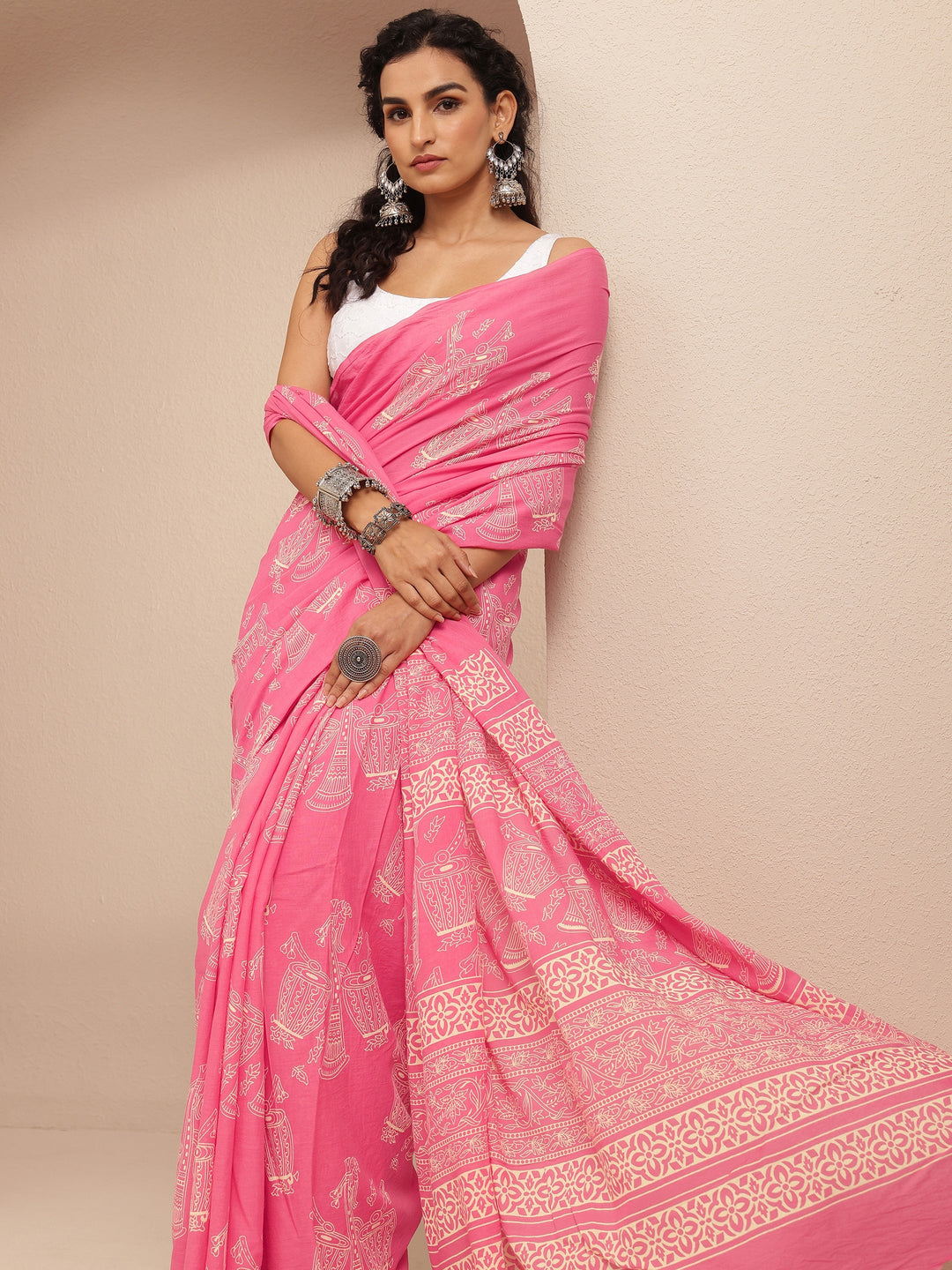 Pink Printed Cotton Saree With Unstitched Blouse Piece