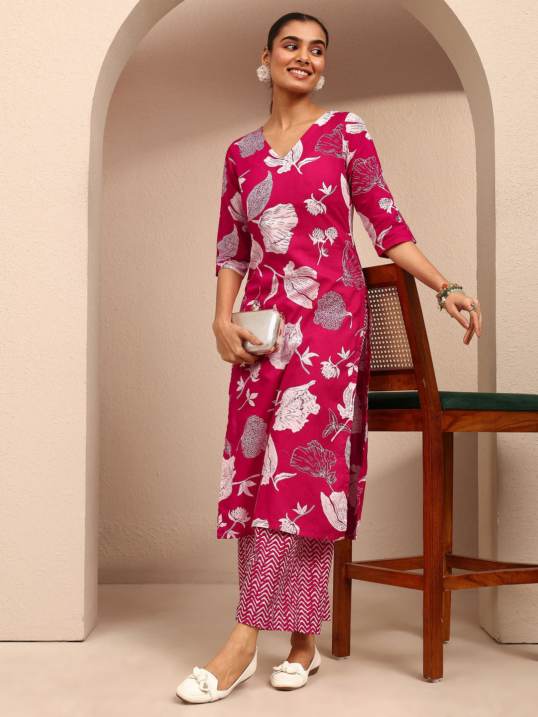 Pink Printed Cotton Straight Kurta Set
