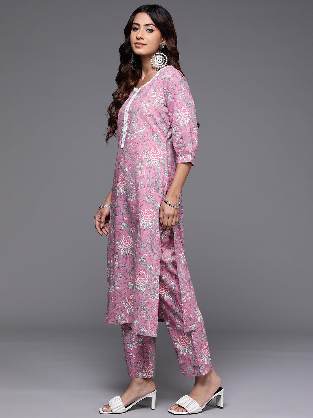 Pink Printed Cotton Straight Kurta With Trousers - ShopLibas 