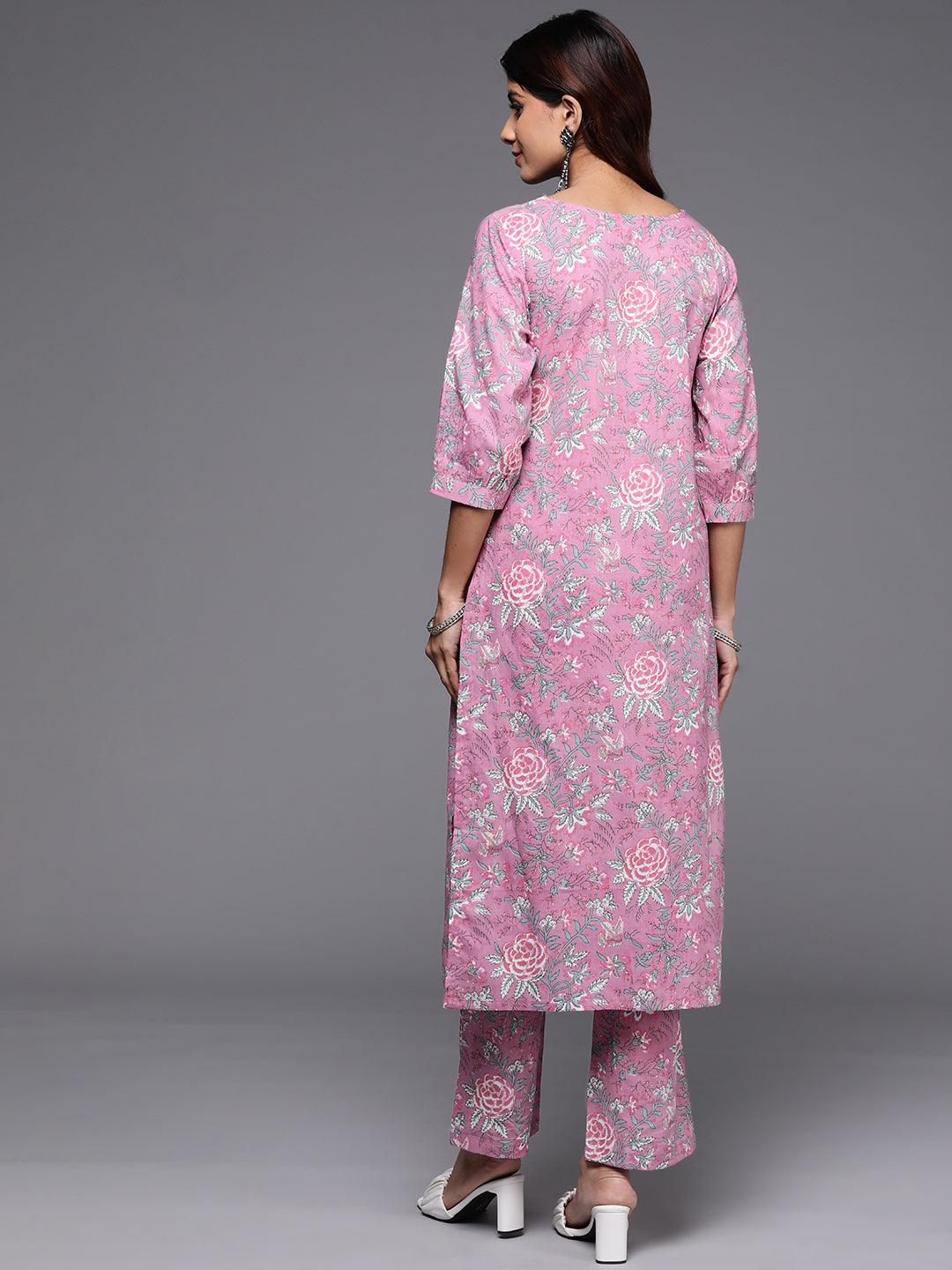 Pink Printed Cotton Straight Kurta With Trousers - ShopLibas 