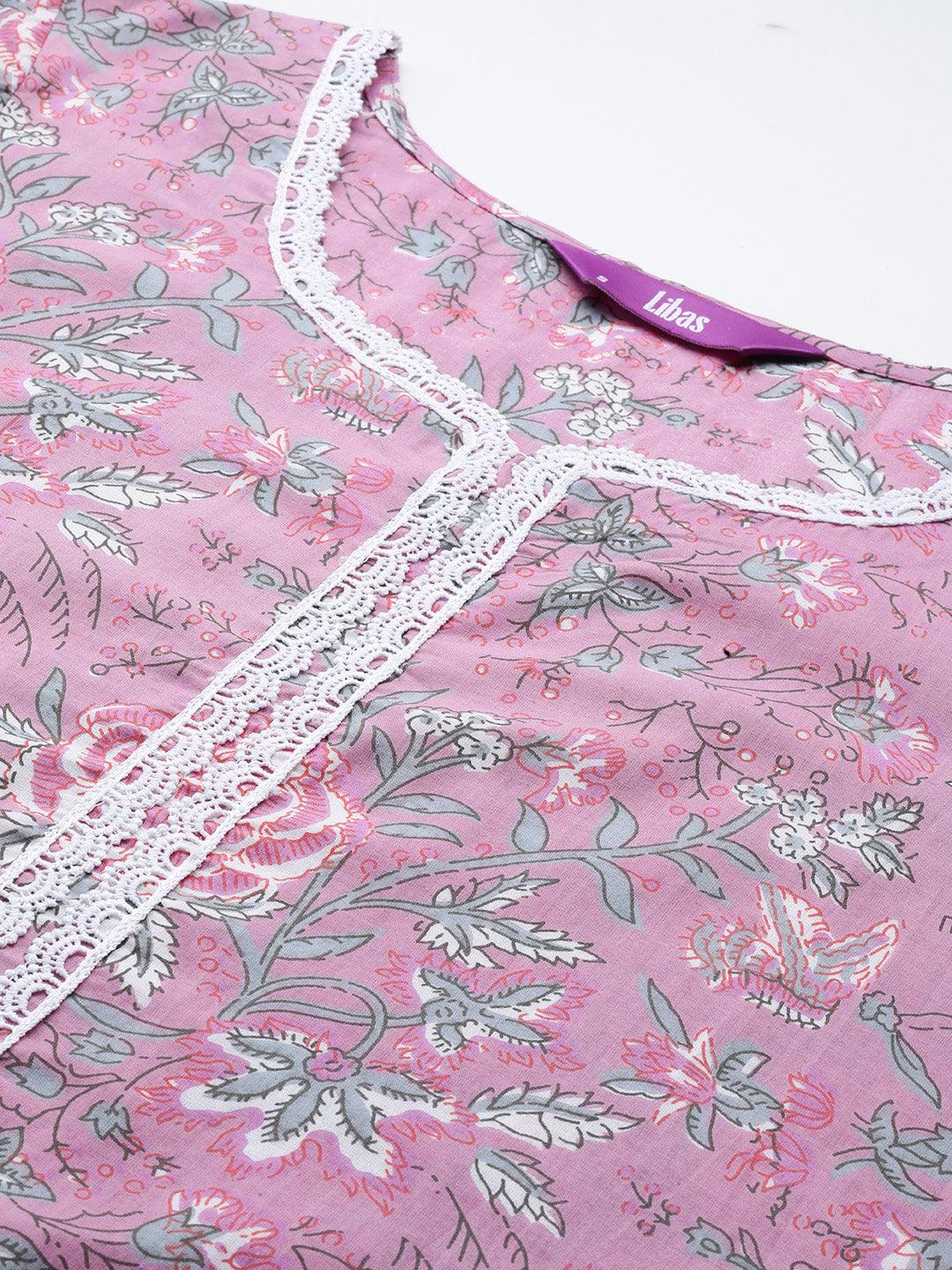 Pink Printed Cotton Straight Kurta With Trousers - ShopLibas 