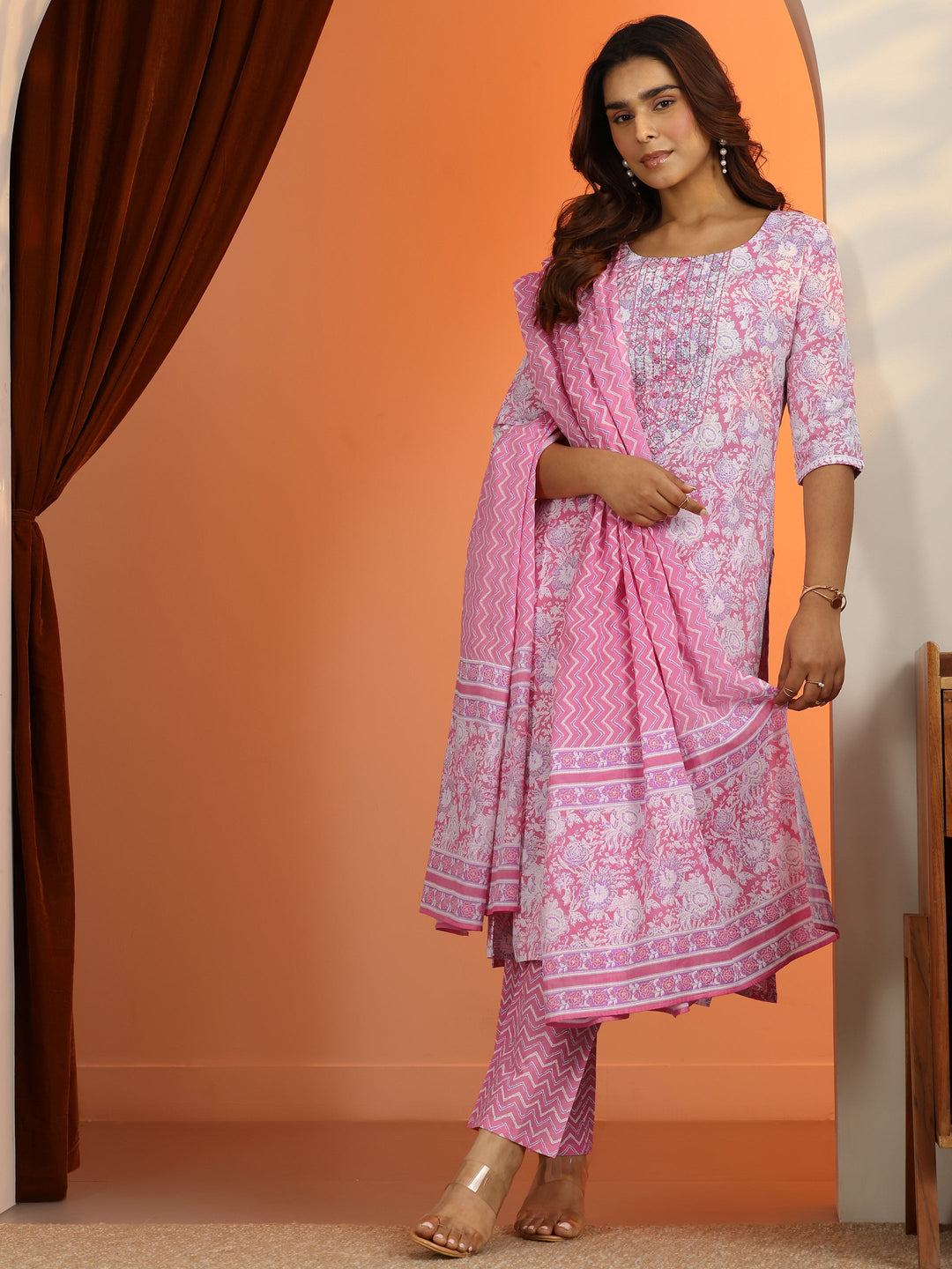 Pink Printed Cotton Straight Suit Set With Dupatta