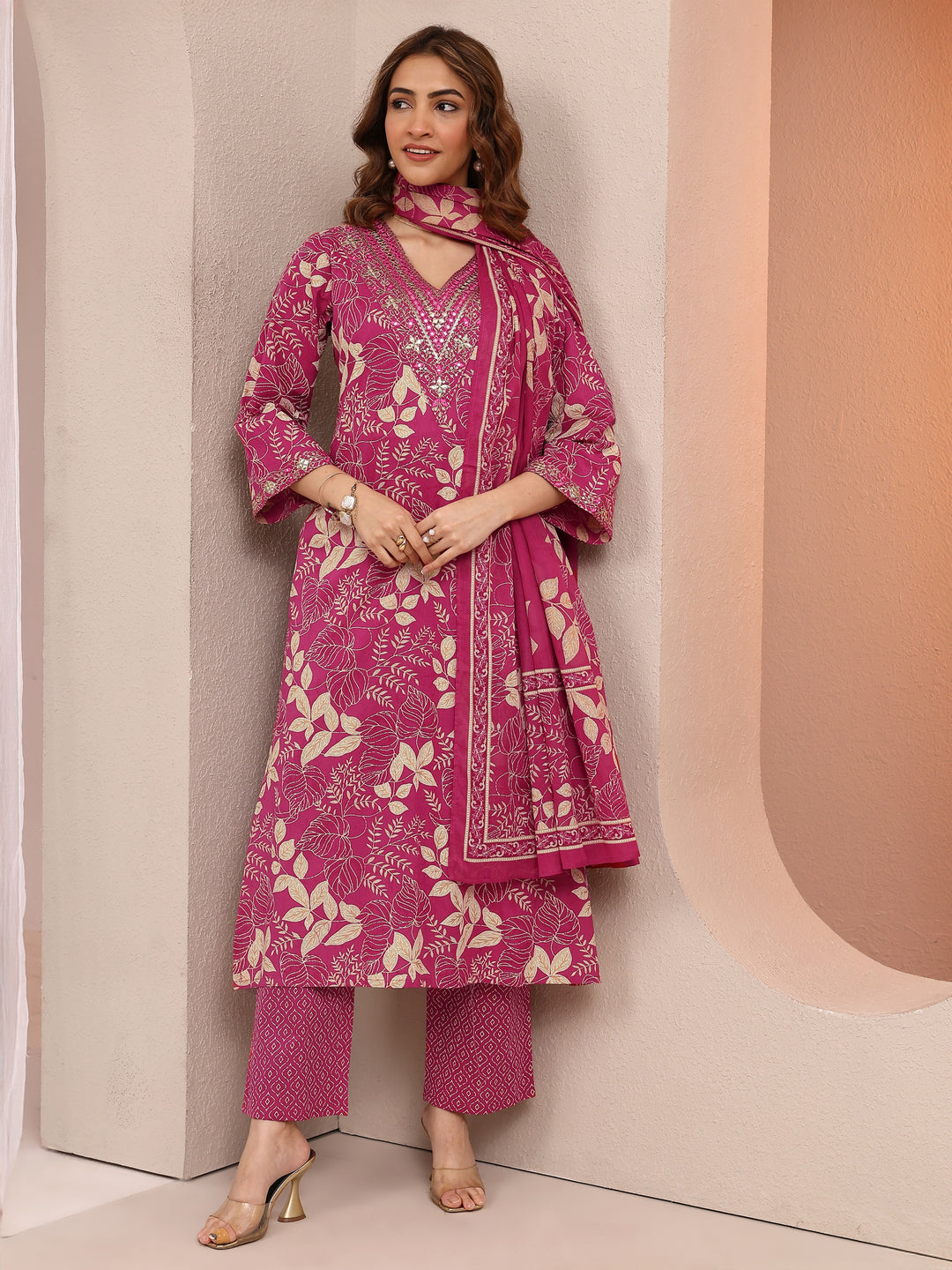 Pink Printed Cotton Straight Suit Set With Dupatta
