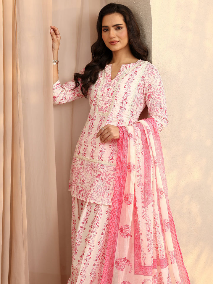 Pink Printed Cotton Straight Suit Set With Dupatta