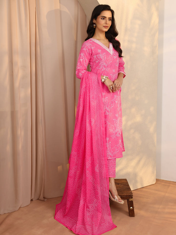 Pink Printed Cotton Straight Suit Set With Dupatta