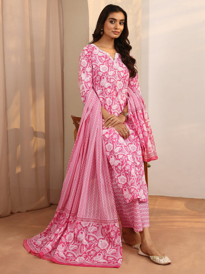 Pink Printed Cotton Straight Suit Set With Dupatta