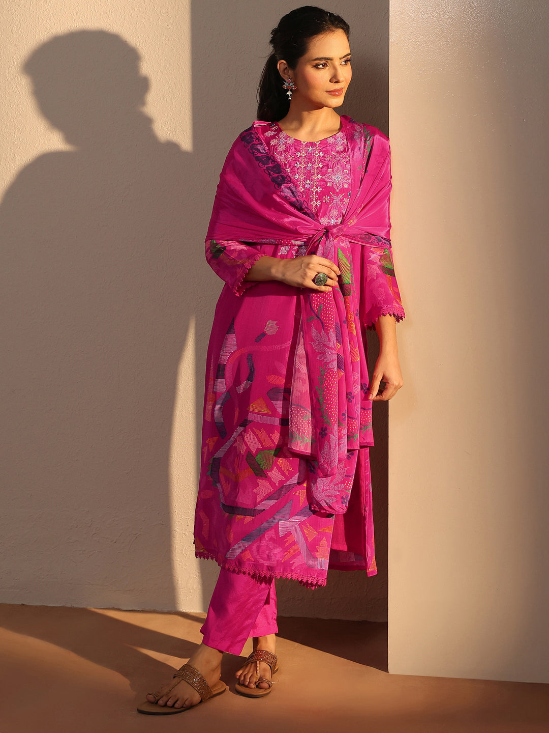 Pink Printed Crepe Straight Suit Set With Dupatta