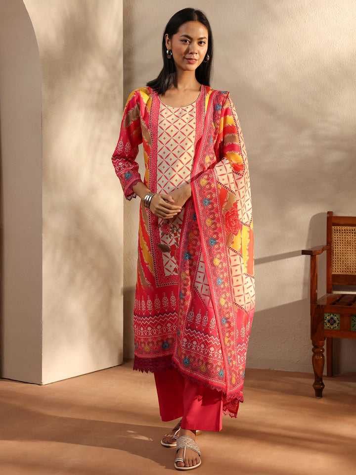 Pink Printed Crepe Straight Suit Set With Dupatta